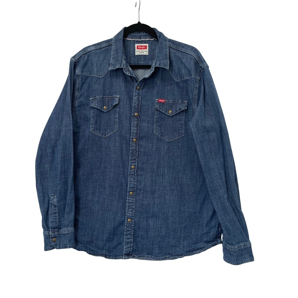 Wrangler Western Snap Shirt Mens XL Blue Stretch Denim Long Sleeve